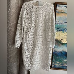 Club Monaco White Lace Crochet Cover Up Dress Long Sleeve Boho Tribal Beach Sz 0